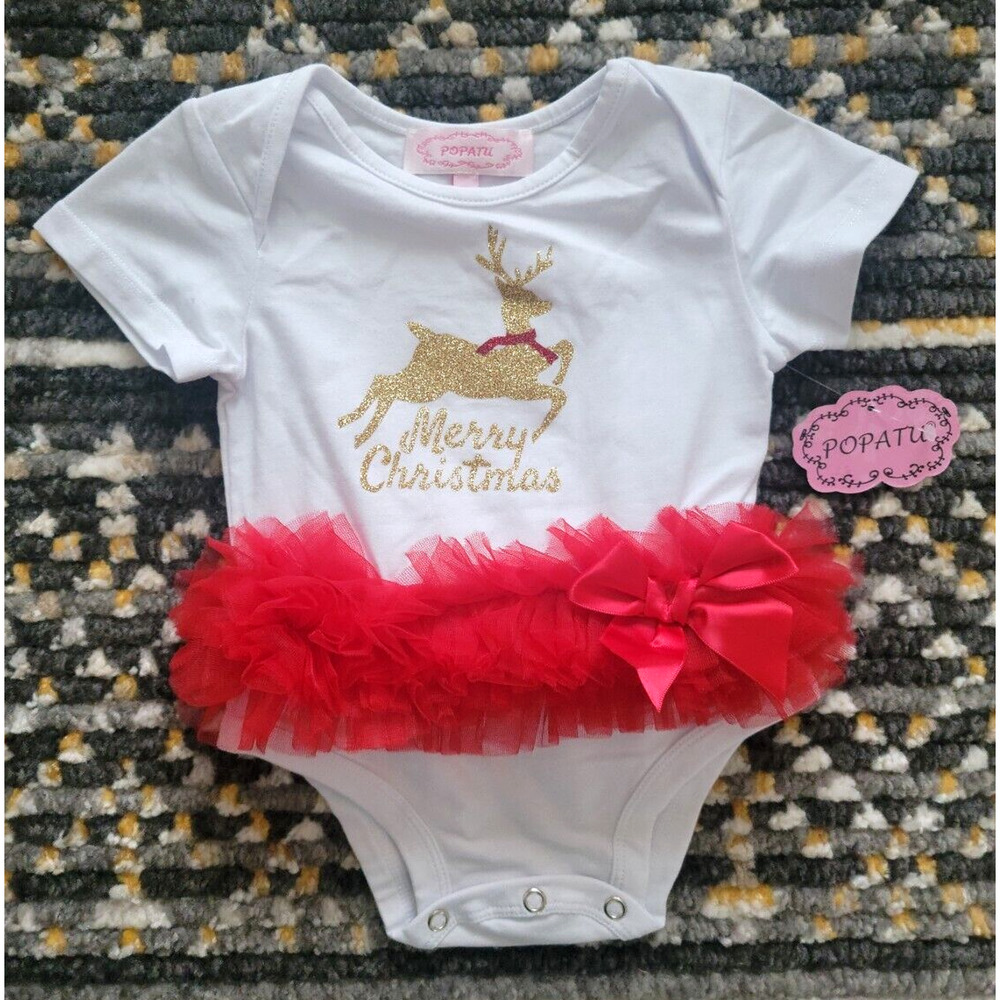 Popatu Baby Girl's 18 Months Christmas Reindeer Bow Holiday Bodysuit White/Red